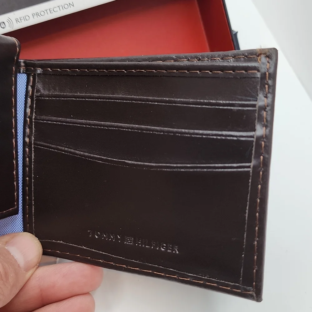 TOMMY HILFIGER, MENS WALLET DOUBLE FOLD, DARK BROWN,GENUINE LEATHER, BROWN COLOR